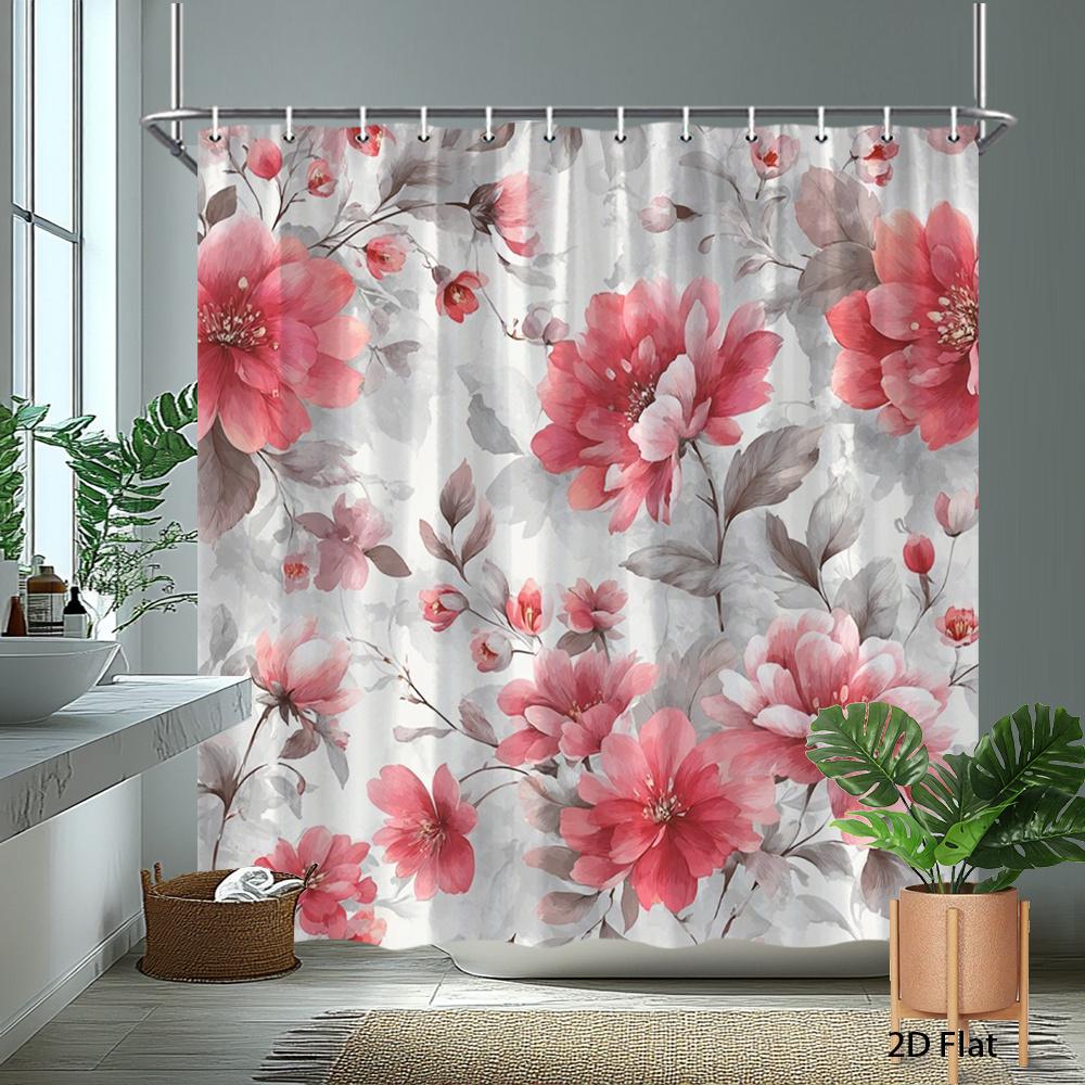 1Pc Pink Floral Patterned Shower Curtain With Hooks, Made Of Polyester, Machine Washable, Suitable For Bathroom Decor.