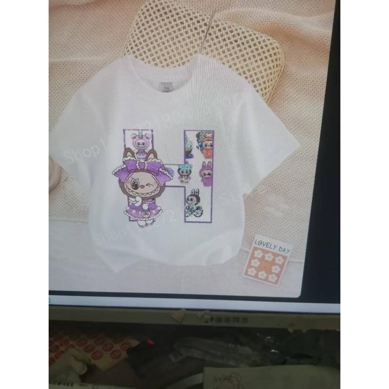 Cute Labubued Letter Printed T-shirt Cotton Summer Outdoor Wear Short Sleeve Girls Clothes Top Cartoon Children Clothing Toddler