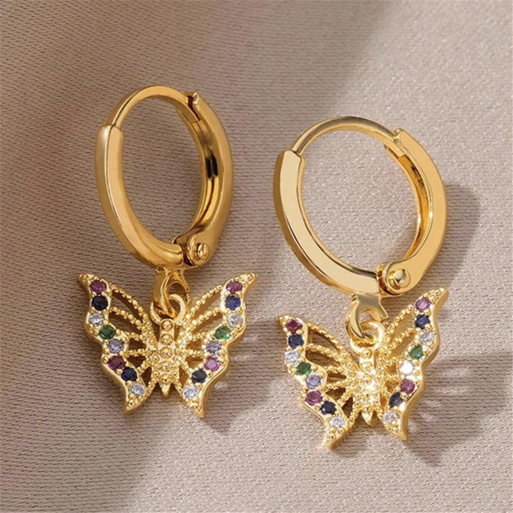 Luxury Female Rainbow Zircon Stone Butterfly Hoop Earrings Vintage Fashion Gold Color Wedding For Women