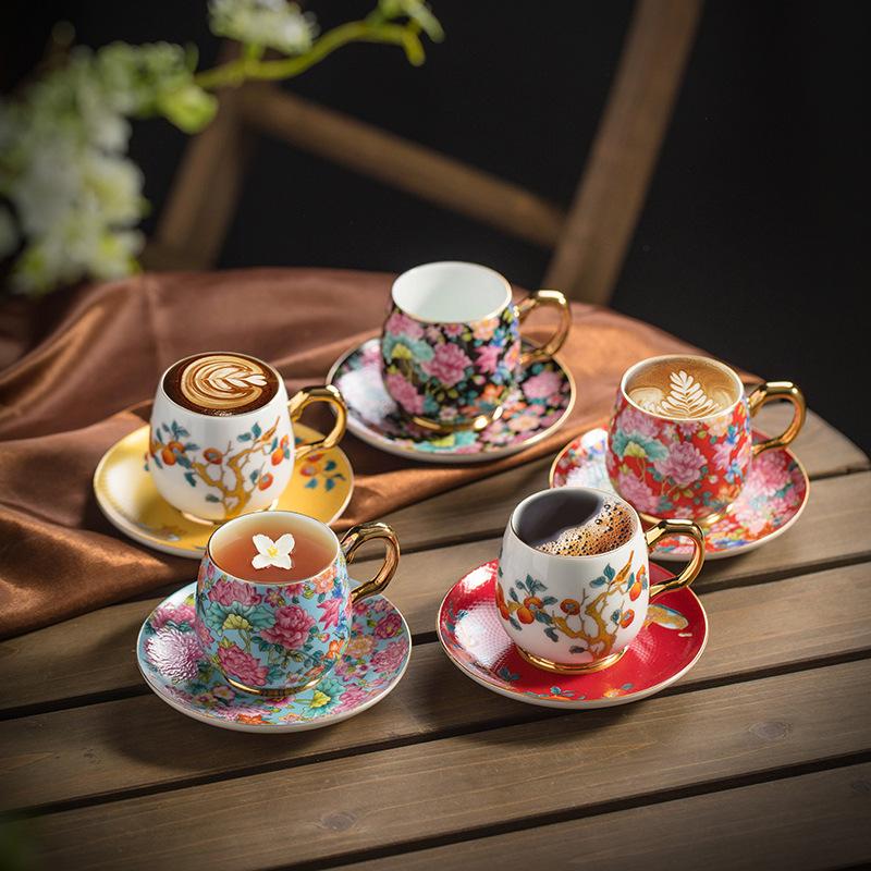 Enamel Color Ceramic Coffee Cup And Saucer Set Creative Mug Master Single Cup Wanhua Inner Arowana Blue And White Porcelain Tea Cup