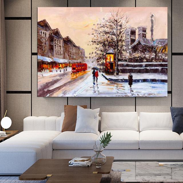 Solid Wood Frame Rain City Street Scenery Paris Canvas Painting Landscape Red Tree Yellow Car Pictures For Living Room Wall Art Decor