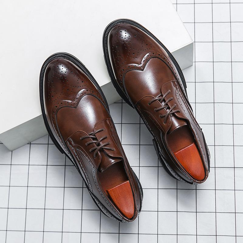 Men's Large Size Casual Brogue Leather Shoes, Pointed Toe, Height Increasing, Size 46