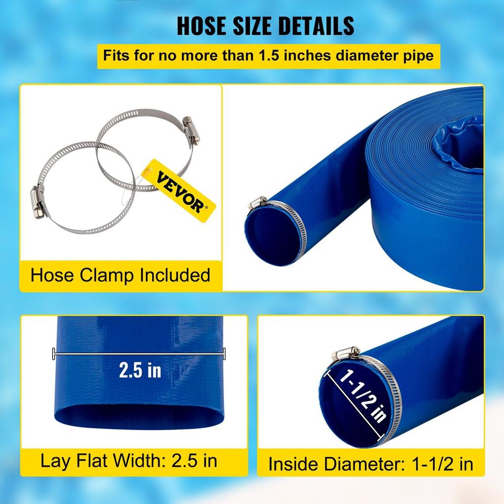 Discharge Hose, 1-1/2" X 105', PVC Fabric Lay Flat Hose, Heavy Duty Backwash Drain Hose with Clamps, Weather-proof & Burst-proof, Ideal for Swimming