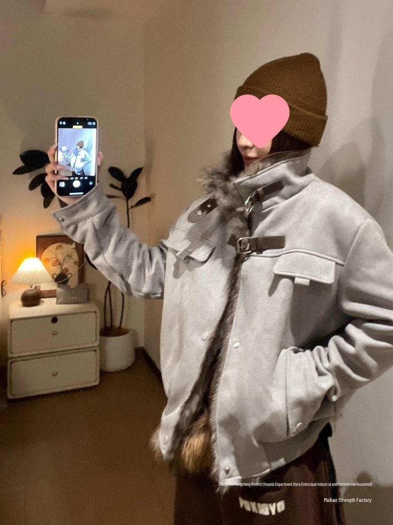 American Style Fluffy Patchwork Stand Collar Plus Velvet Casual Thickened Autumn/Winter Jacket