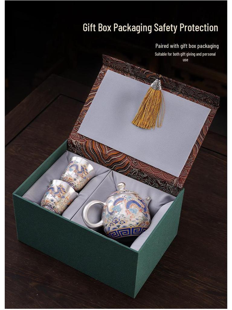 Luxury Dragon & Phoenix Silver-Plated Tea Set: One Pot, Two Cups, Dragon Egg Infuser, Gift Box Included