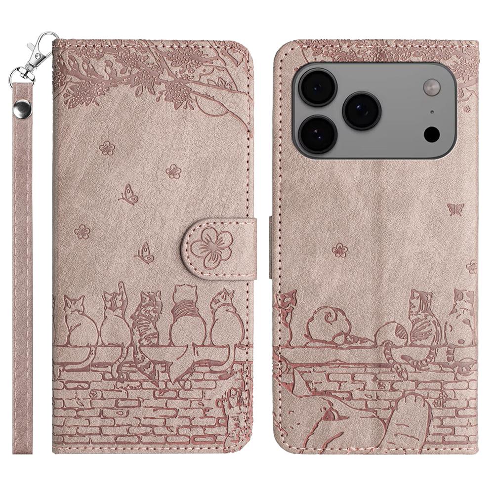 For iPhone 17 Pro Case with Wrist Strap Leather Phone Cover Wall Cats Pattern