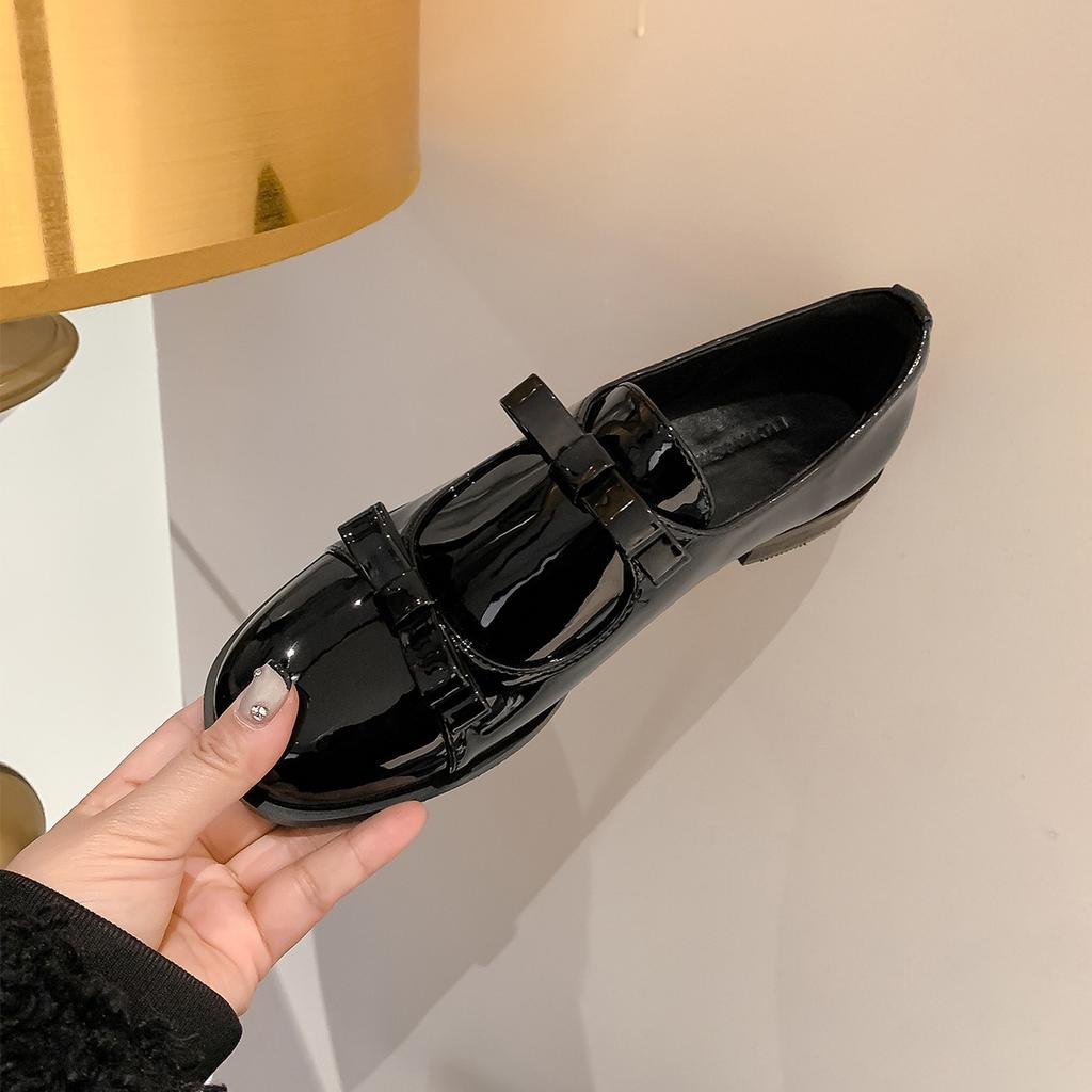Cowhide Version~ Bow Small Leather Shoes Women's Thick-soled Inner Height Increase Leather Black Low-heeled Single Shoes