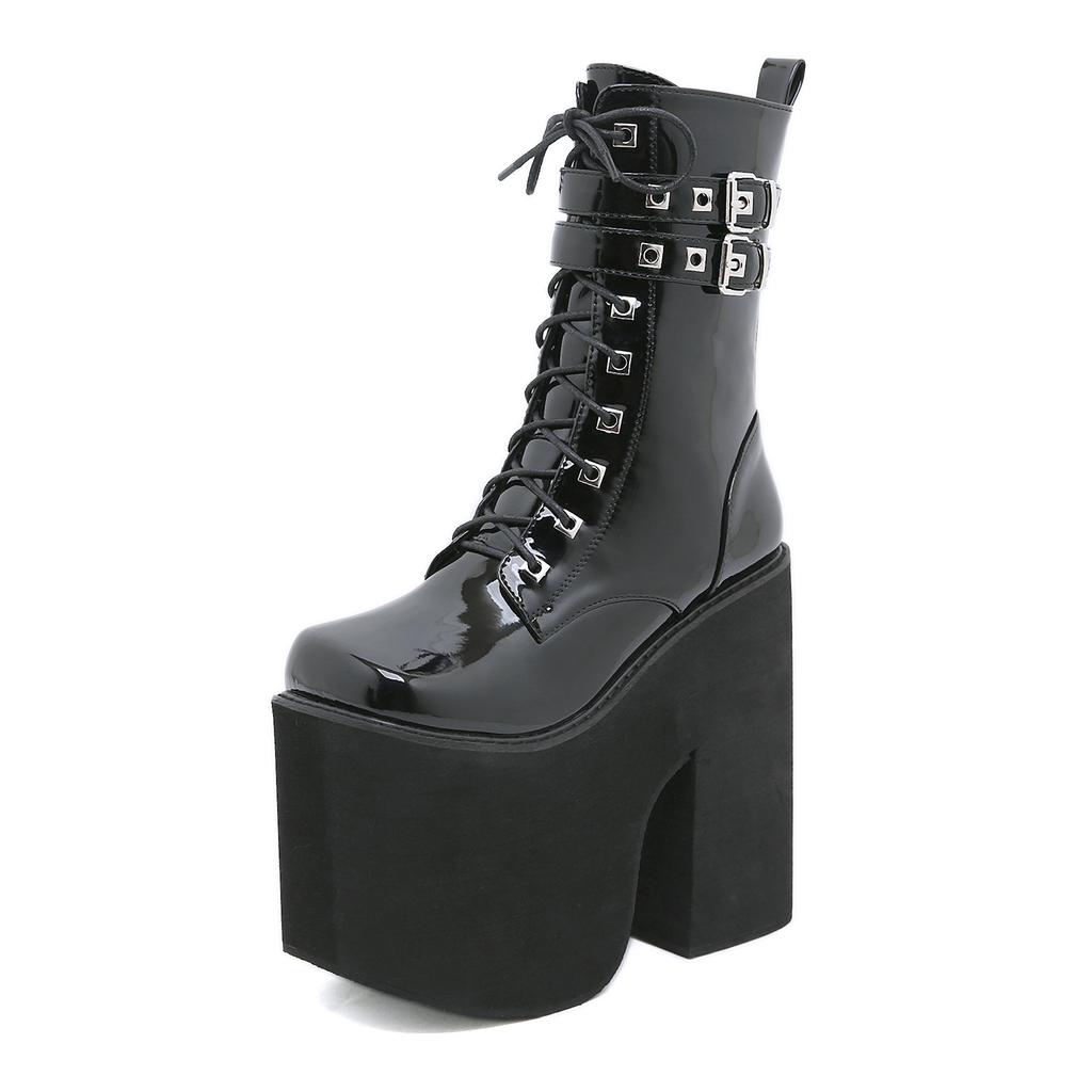 Thick High Heel Thick Sole Waterproof Table Martin Boots Black Patent Leather Square Head Stage Catwalk Boots Hate Sky High Boots