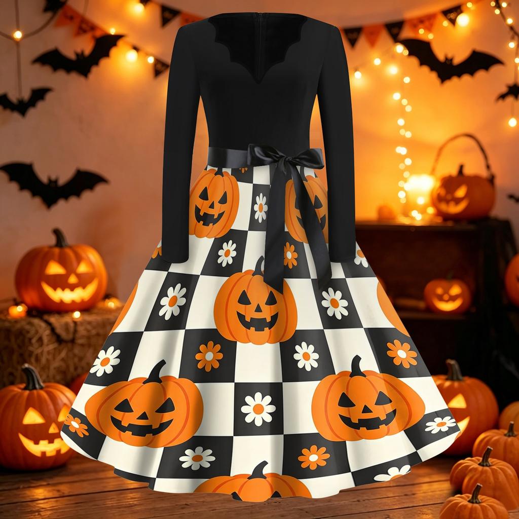 Womens Vintage V Neck Dress Halloween Print Long Sleeve Casual Retro Swing Dress with Waist Tie Belt and Flared Skirt for Party