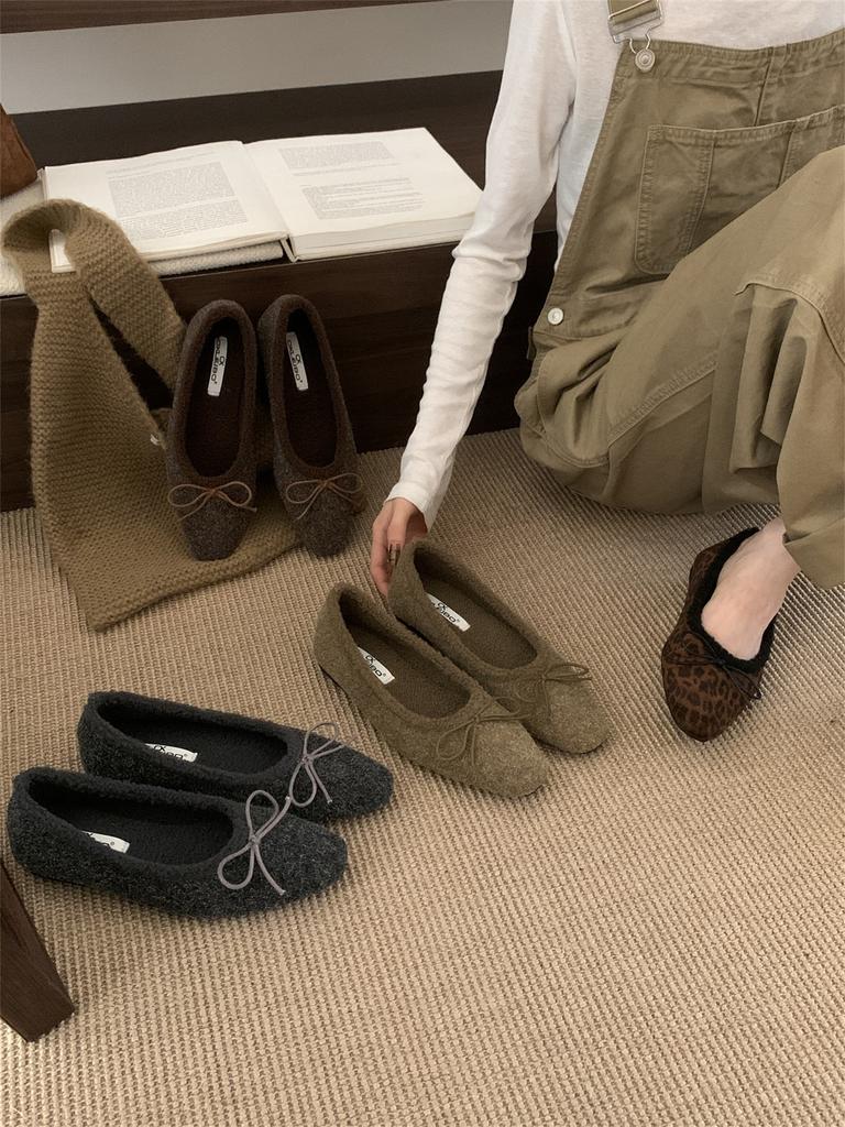 Late evening wind bow velvet Mary Jane shoes 2025 autumn and winter new soft-soled fluffy shoes warm Doudou single shoes