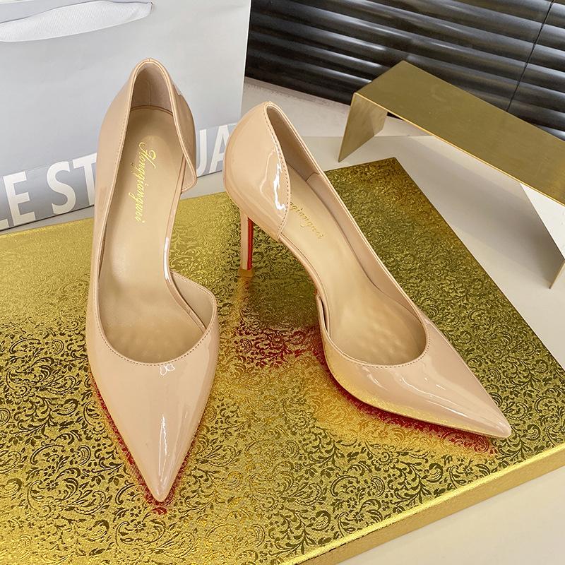 

Nude high heels women s spring and autumn 2025 new thin heels celebrity temperament patent leather side empty sexy red sole shoes single shoes 34