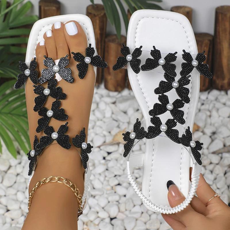 Fashion Shiny Rhinestone Butterfly Flat Sandals for Women Summer 2025 Comfort Non Slip Beach Shoes Woman Square Toe White Dress Sandals
