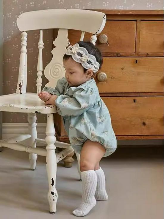Nordic A-Class Baby Girl Floral Corduroy Romper with Puff Sleeves