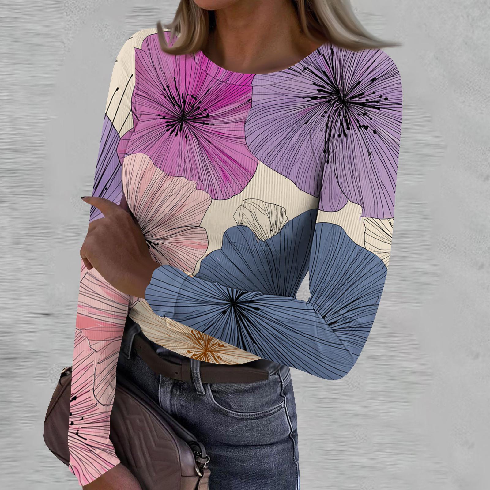 Women s Casual Fashion Round Neck Retro Print Long Sleeve Ribbed Top L
