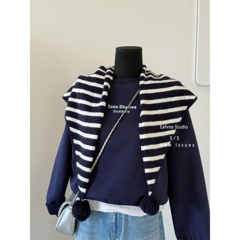 A Retro Hong Kong style Knitted Striped Pom pom with A Vintage Triangular Scarf Over It A Warm Autumn and Winter Decorative Shawl Scarf for Women