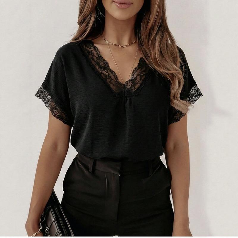 Women S V Neck Lace Spliced Short Sleeve T Shirt Loose Summer Fashion Top