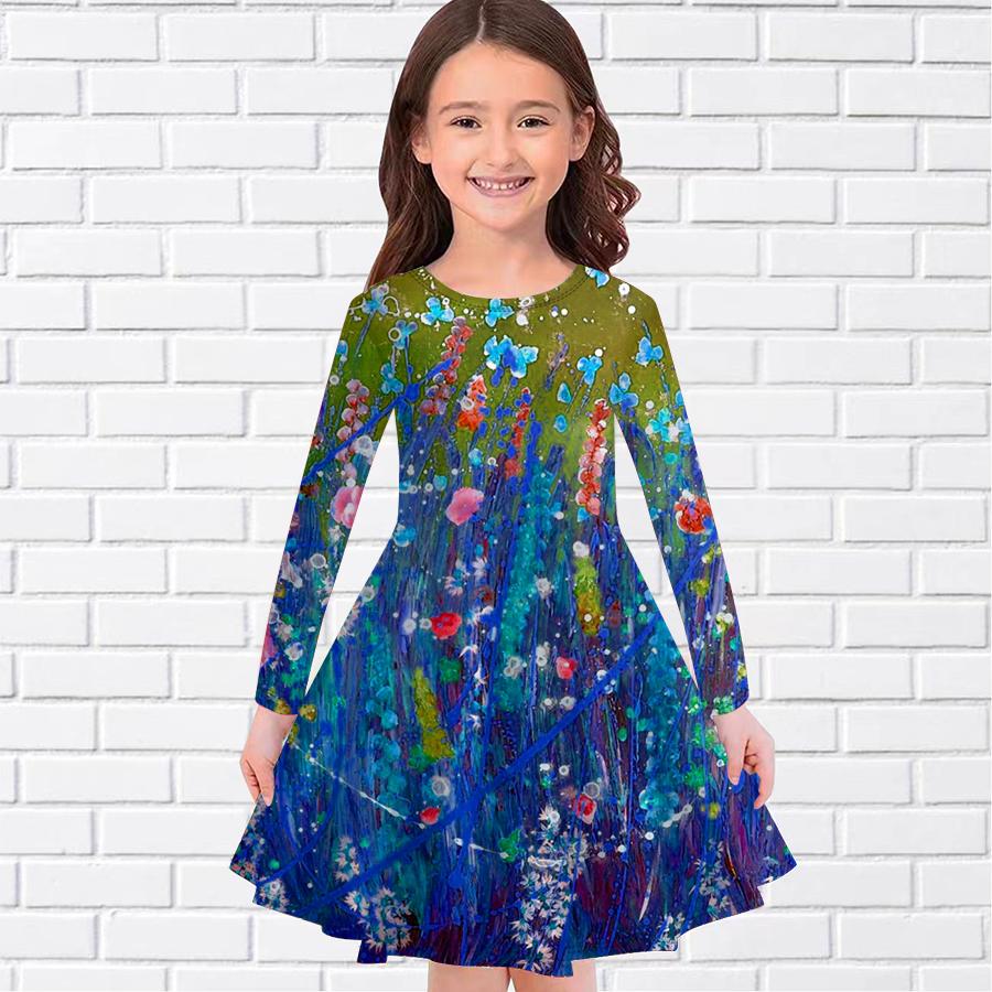 

Girl Casual Oil Painting of Lavender Print Round Neck Long Sleeve Dress Kid Princess Dress