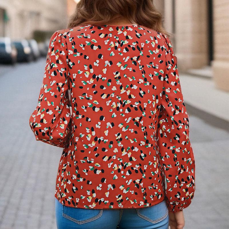 Wiosna i Jesień Damski Drukowany Temperament Elegancki Top z Długim Rękawem Czerwona Bluzka Koszula