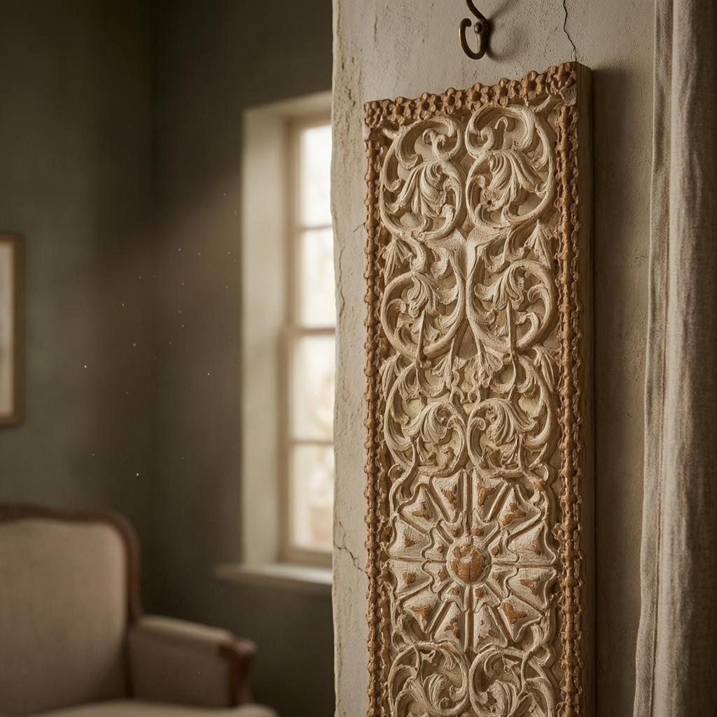 Floral Scroll Wall Plaque Medallion Design Vintage Wooden Decor Beige Brown