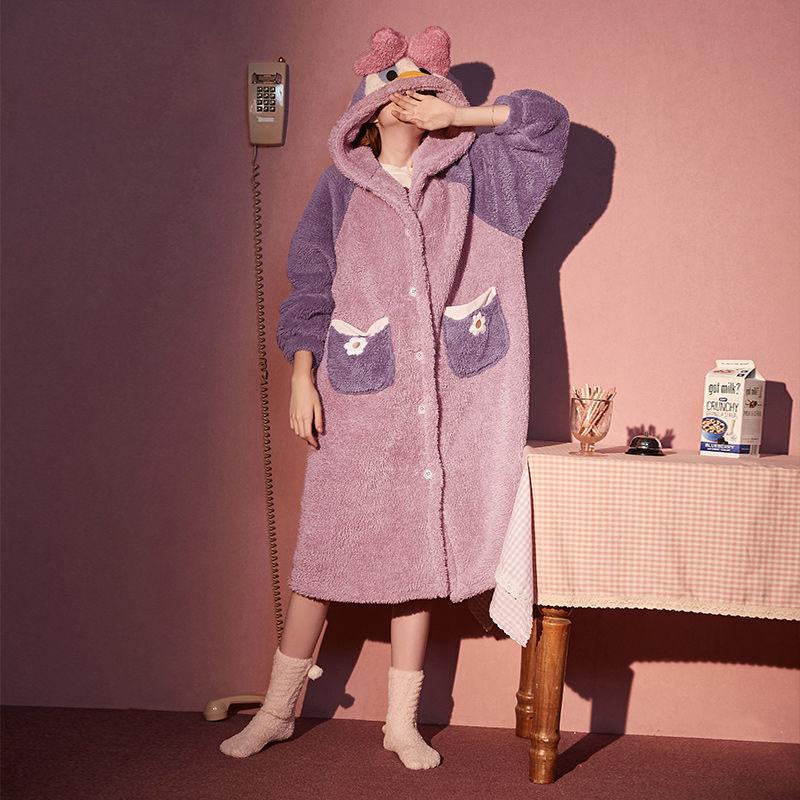 Women's Coral Fleece Hooded Pajama Set - Cute Cartoon Nightgown for Autumn/Winter