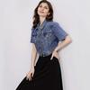 Women's Polo Collar Short Sleeve Cropped Denim Jacket Oversized Vintage Dark Blue Coat Elegant Street Commuter Outerwear
