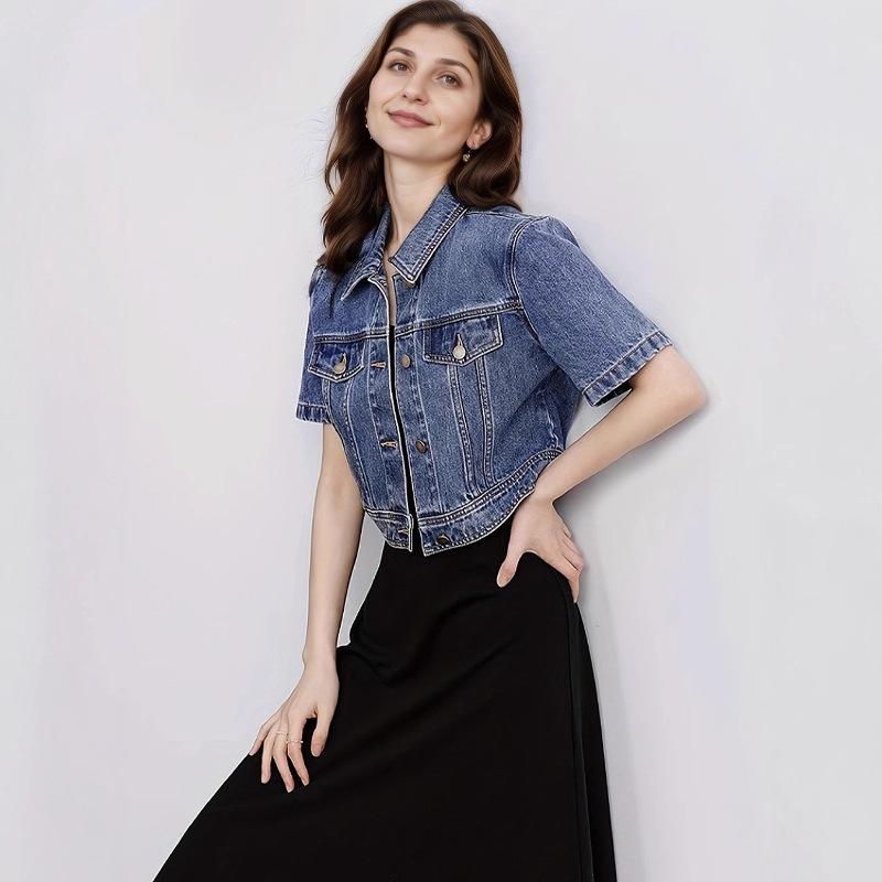 Women's Polo Collar Short Sleeve Cropped Denim Jacket Oversized Vintage Dark Blue Coat Elegant Street Commuter Outerwear
