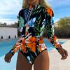 Women Long Sleeve One Piece Swimsuit Zip Front Tropical Flowers Print Rash Guard Surfing Bathing Suit