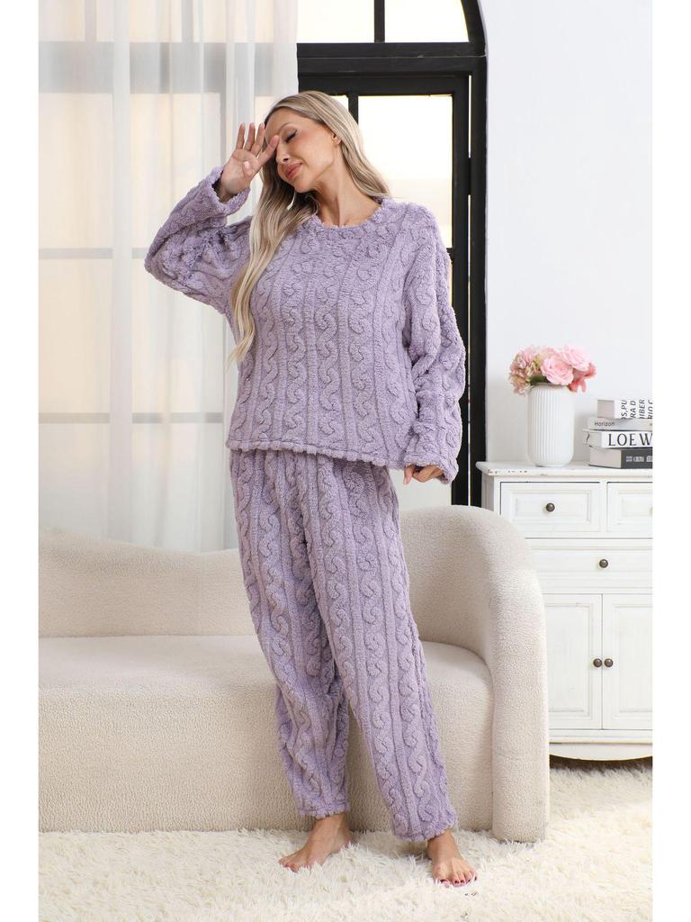 Women's Flannel Rib-Knit Pajama Set - Casual and Solid Color (2025)