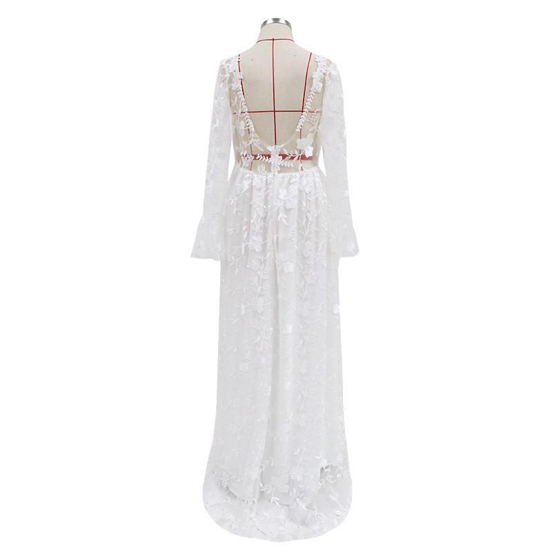 Women White Floral Lace Long Sleeve Deep V Neck Backless Sheer Tulle A Line Summer Wedding Gown Elegant Bridal Evening Prom Formal Party Maxi Dress