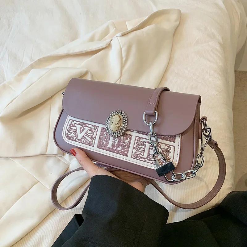 

Простая цепочка женская сумка ретро нашивка девушка сумка через плечо цветочная девушка сумка через плечо автомобильная строчка украшение ПУ материал