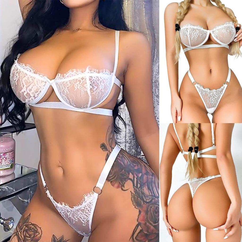 Lace Sheer Lingerie Set with Underwire Bra and High Cut Thong Panties Adjustable Straps and Delicate Floral Pattern for Women Intimate Apparel