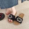 Fashion Flat Fashion One-word Rhinestone Slippers Women's Summer New Outside Wear Round Toe Open Toe Belt Buckle Slippers
