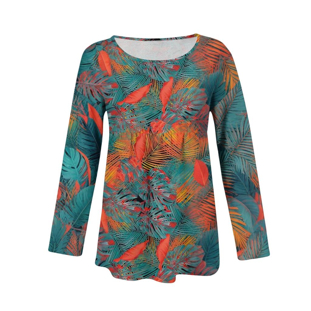 Top casual de damă la modă, larg, cu gât rotund, cu mâneci lungi și imprimeu floral