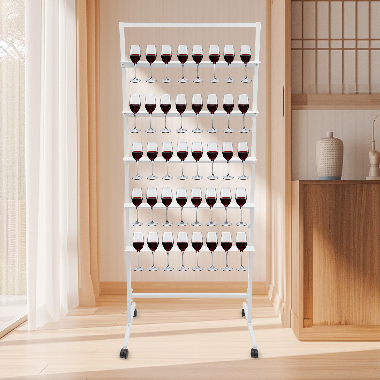 

5-ярусная стойка для бокалов для шампанского, штабелируемая подставка-держатель для винных бокалов с поворотными колесиками, прочная стальная рама белого цвета, максимальная нагрузка 50 фунтов