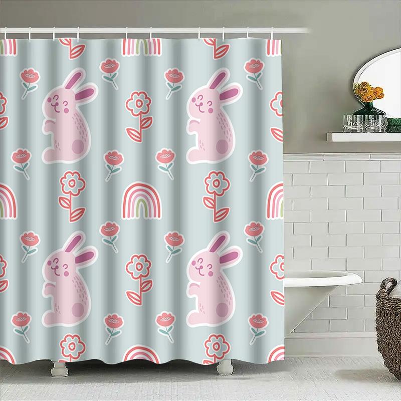 Cute Bunny Rabbit Shower Curtain With Flowers Rainbow Design Waterproof Fabric For Bathroom Decor In Light Blue Color (Size: 72X