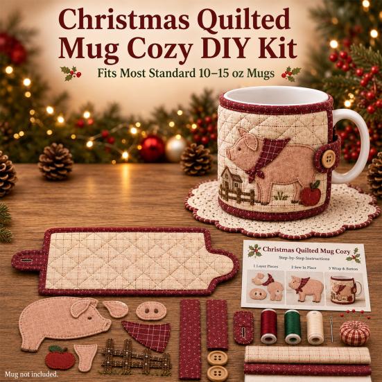 Beginner Sewing Project Farmhouse Friends Mug Cozy Kit, DIY Animal Cup Sleeve Craft, Handmade Christmas Kit with Festive Patterns, Quilting
