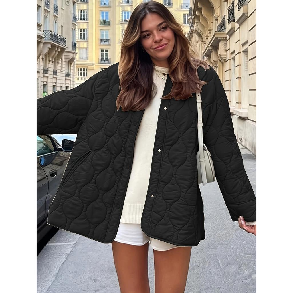 Damska pikowana kurtka do połowy łydki na jesień-zimę 2026, minimalistyczny gładki płaszcz z okrągłym dekoltem, lekko pikowany, luźny krój, casualowa odzież wierzchnia