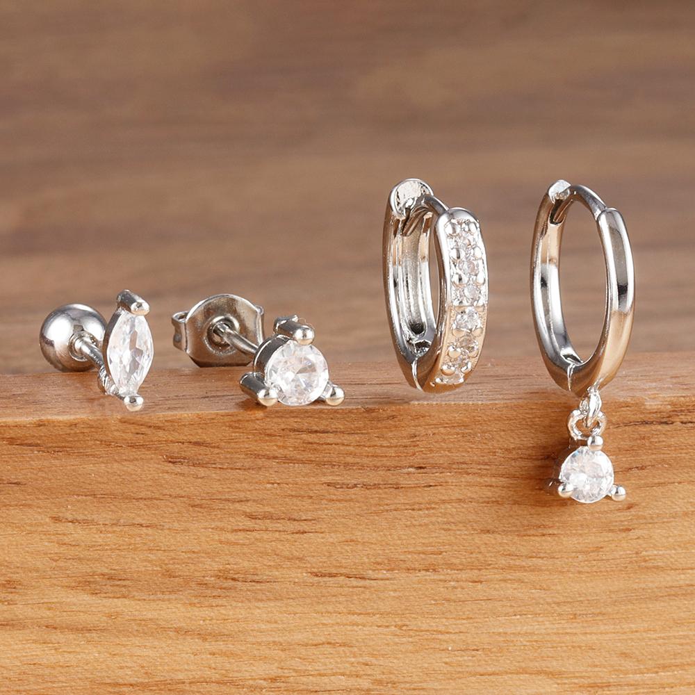 4pcs Round Pendant Earrings Set for Women Simple Stainless Steel Horse Eyes Zircon Dangle Earring Cartilage Piercing Jewelry