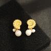 French vintage niche gold and silver two-color sea screw shape earrings natural pearl earrings 925 silver needle stud earrings for women