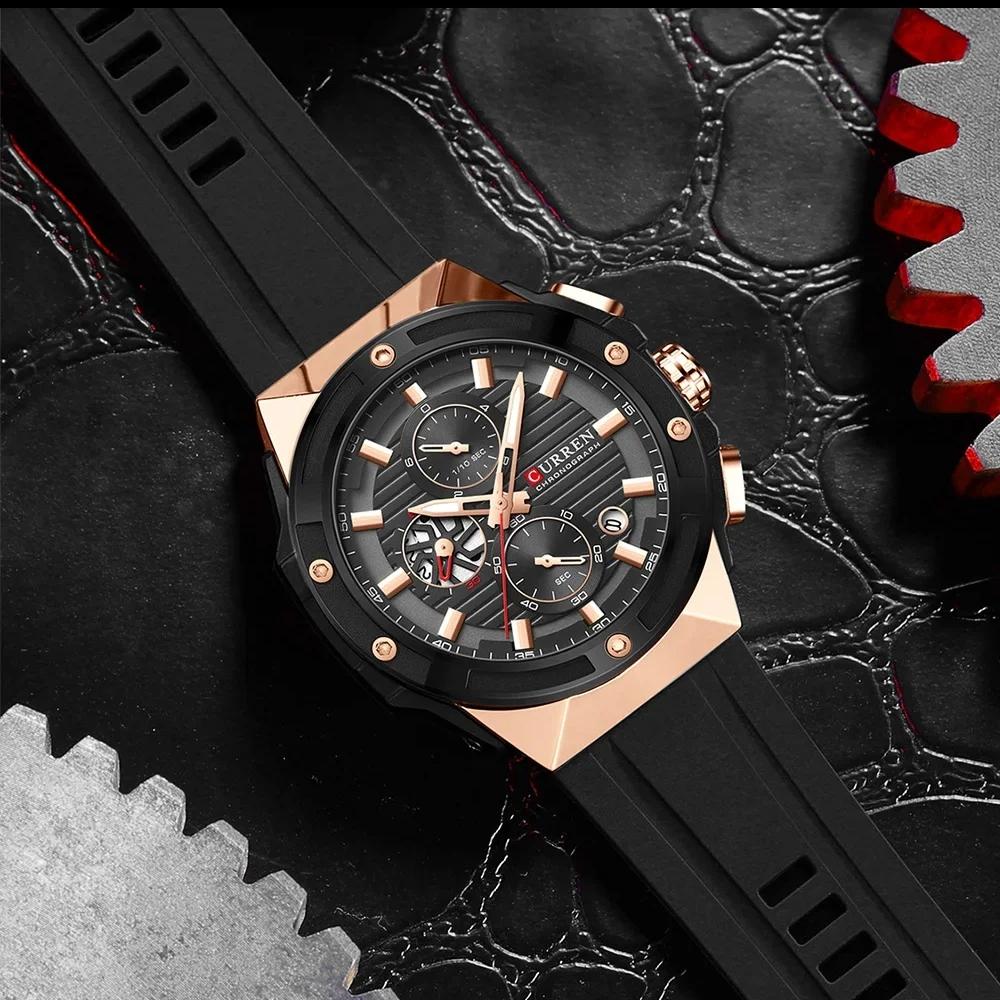CURREN Fashionable Sports Multifunctional Chronograph Quartz Watch with Silicone Strap Creative Design Dial Luminous Hands