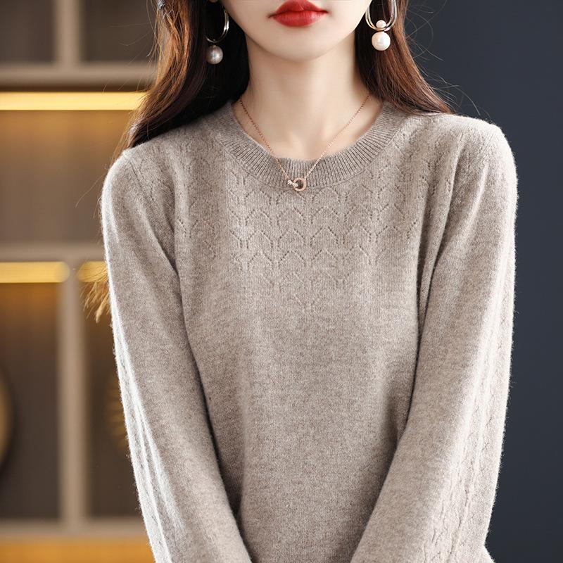 Women's Pure Wool Hollow Knit Round Neck Sweater - Stylish Autumn & Winter Pullover