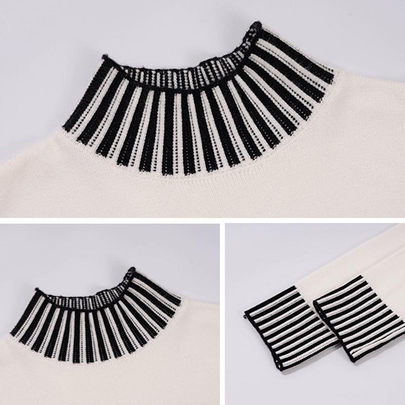 Women Spring Autumn Stand Collar Long Sleeve Color Matching Loose Knitted Sweater Dress