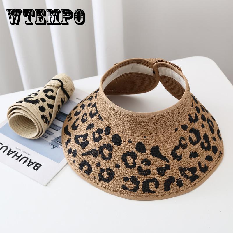Spring and Summer Fashion Female Leopard Print Empty Top Straw Hat Sunscreen Sun Hat Paper Woven Grass Bow Large Edge Adjustable Sun Hat