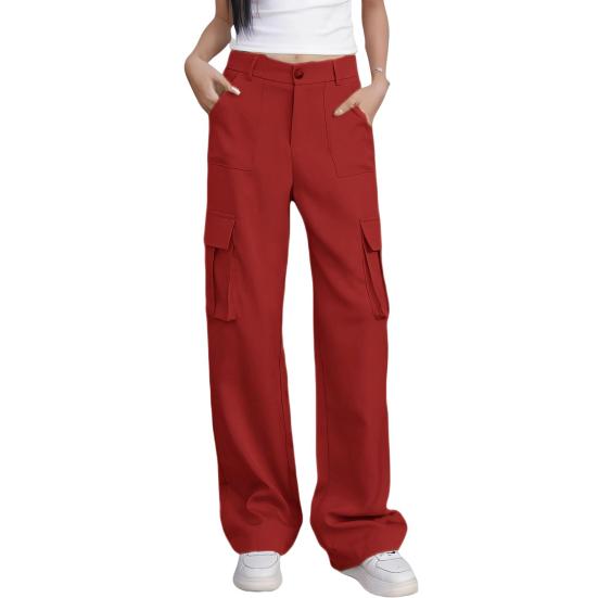 Women Cargo Pants High Waist Button Zipper Fly Casual Trousers Solid Color Loose Fit Multi-Pocket Design Long Pants