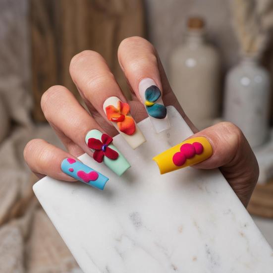 1 Set 3D Press On Nails Easy Removal Almond French Tip Stick-on Fake Nails Full Cover Glue On False Nails Women DIY Manicure Supplies