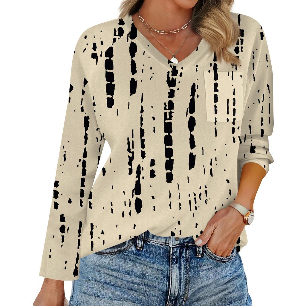 Women's Raglan Long Sleeve V-Neck T-Shirt Splicing Solid Color Casual Top Pullover V-Neck Pocket Bottoming Shirt