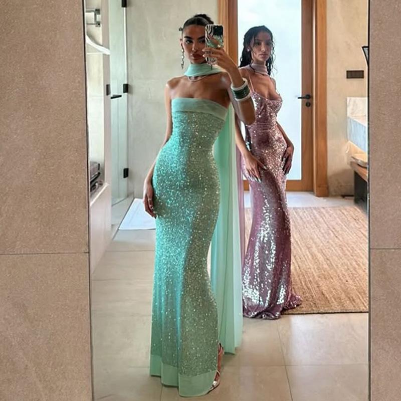Women Sexy Solid Sequin Tube Maxi Dress Elegant Bodycon Party Dress S мятный зеленый