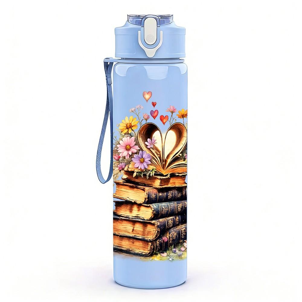 1PC Stack Book Flower Bouquet Print 750ml Color Plastic Sports Water Bottle Leakproof Flip Straw Lid Suitable for Sports Office Home Use
