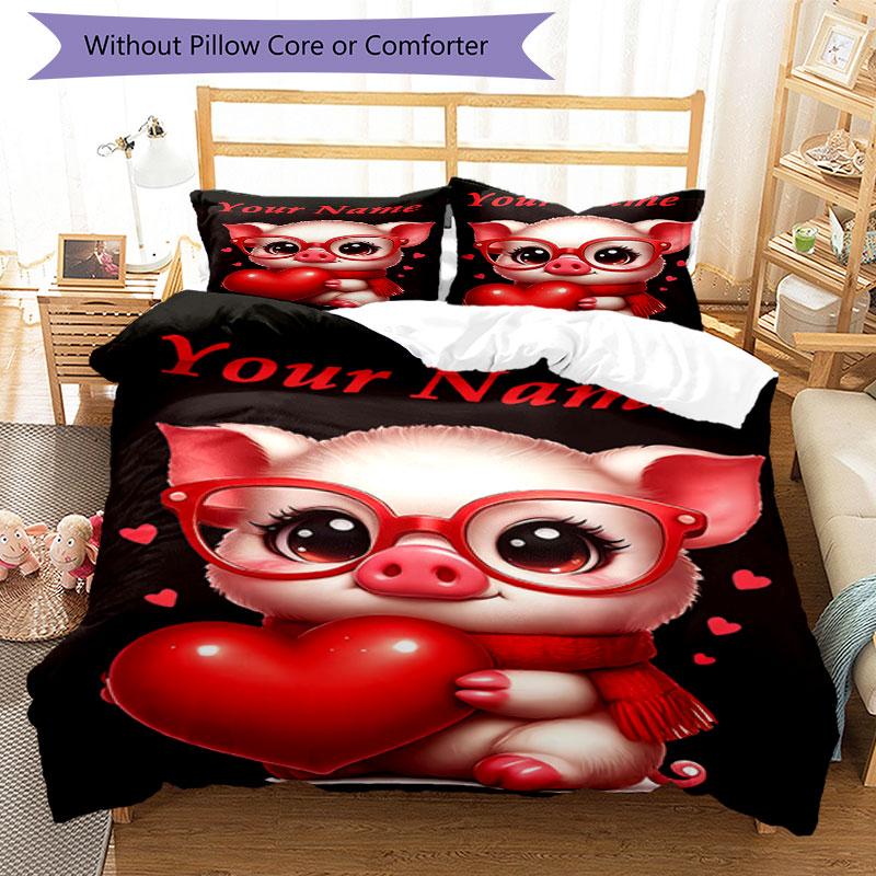3PC Custom Name Pig Heart Glasses Bedding Set Duvet Cover Closure Includes 1 Duvet Cover & 2 Pillowcases for Bedroom