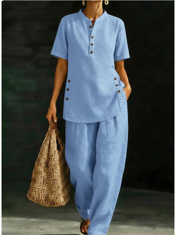 2026 European & American Casual Button-down Shirt and Wide-leg Pants Linen Set